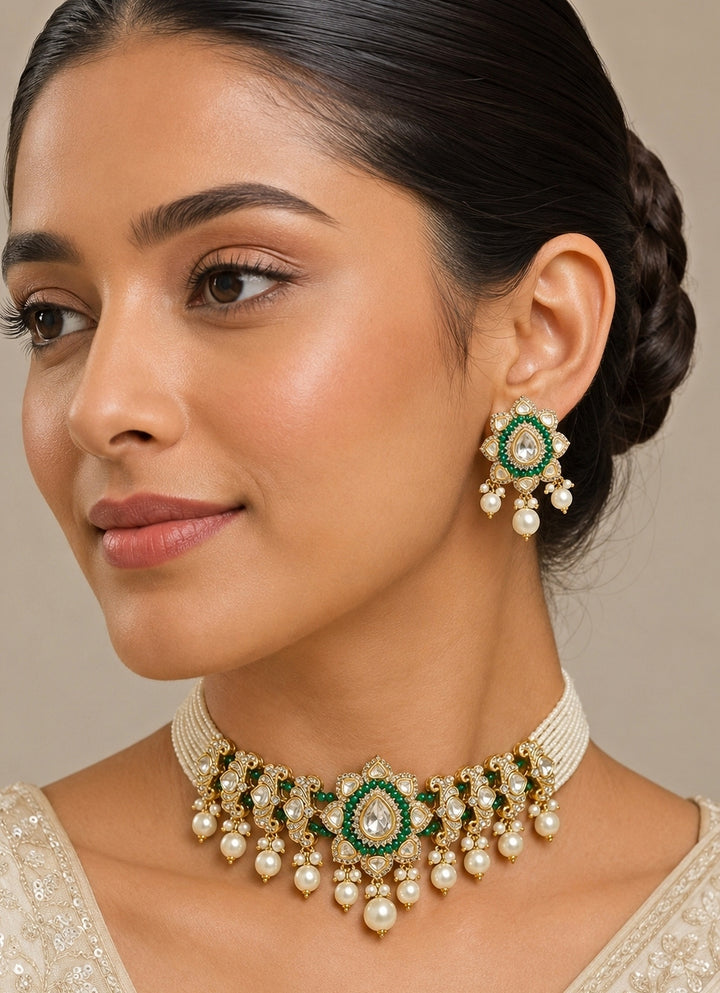 Green Kundan And Pearl Choker Necklace Set