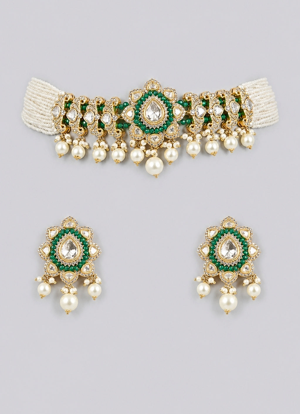 Green Kundan And Pearl Choker Necklace Set