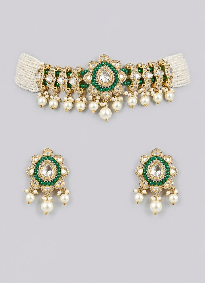 Green Kundan And Pearl Choker Necklace Set