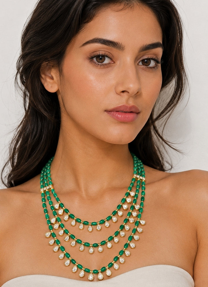 Three Layer Green Beads And Polki Mala