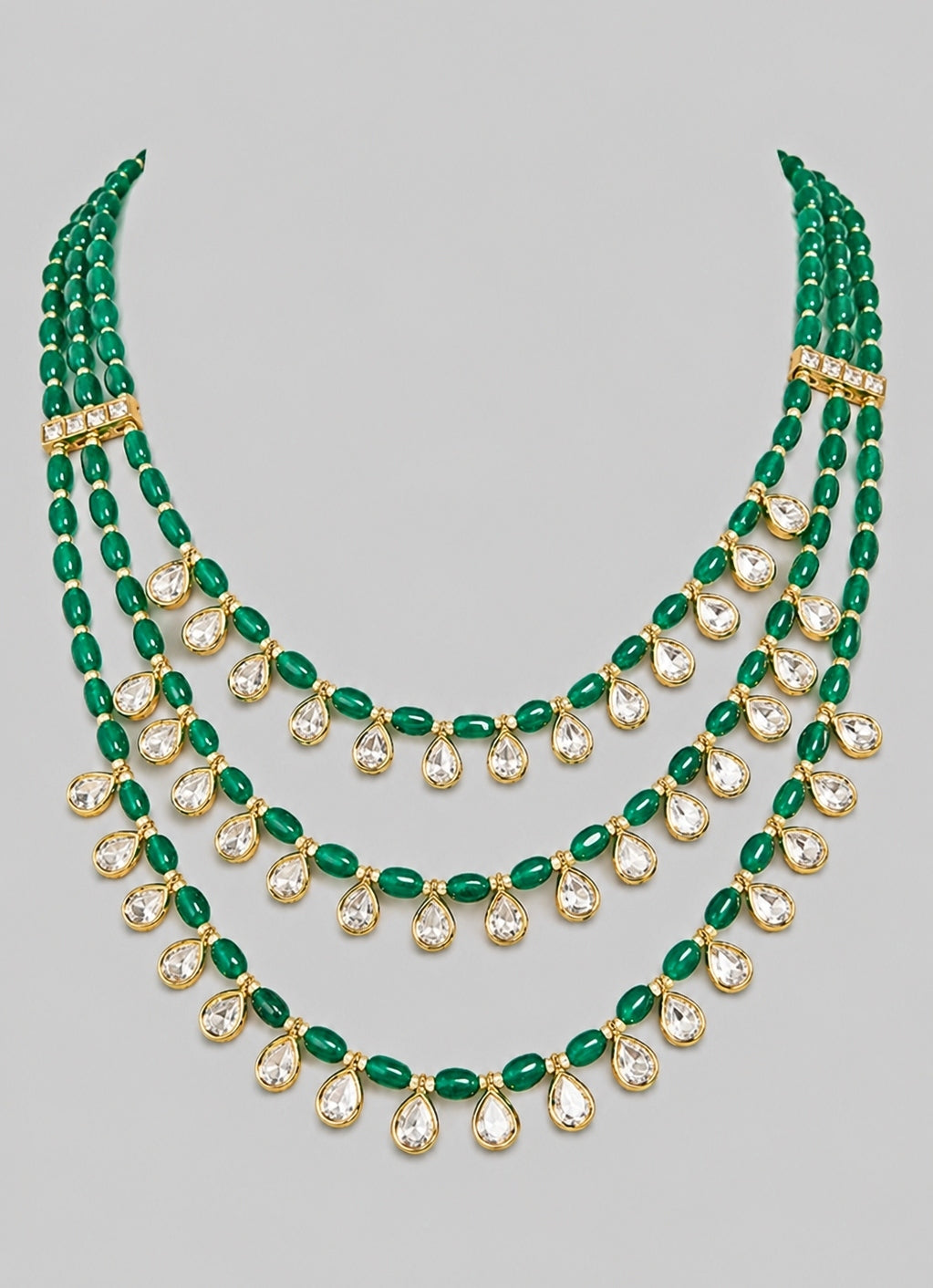 Three Layer Green Beads And Polki Mala
