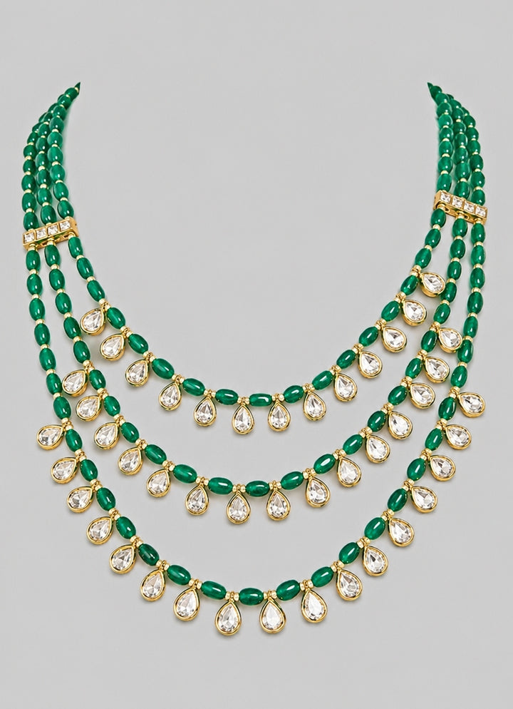 Three Layer Green Beads And Polki Mala