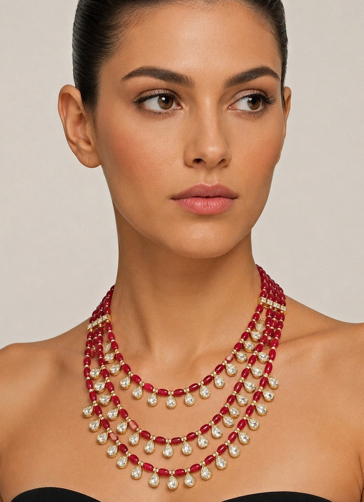 Three Layer Red Beads And Polki Mala