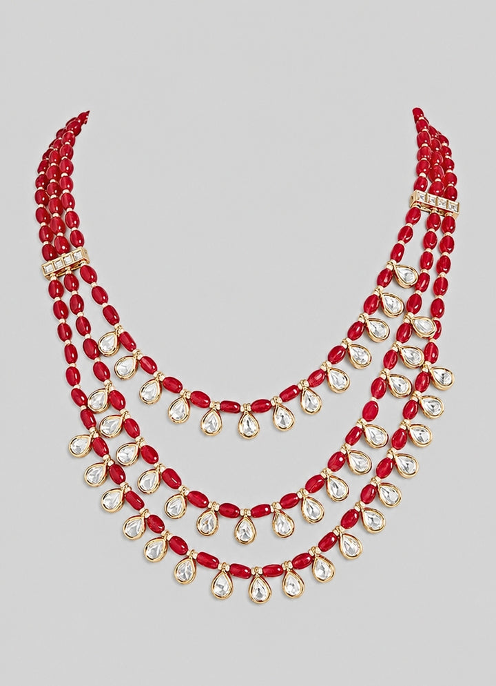 Three Layer Red Beads And Polki Mala