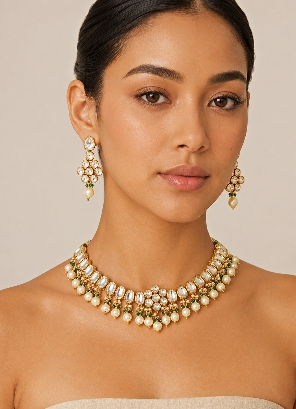 Green Stone Kundan And Pearl Necklace Set