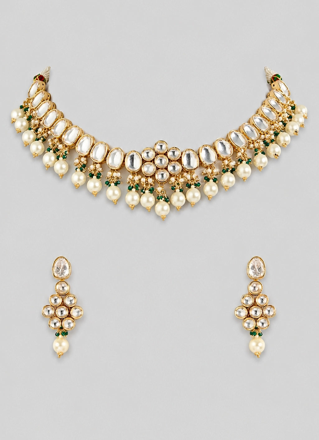 Green Stone Kundan And Pearl Necklace Set