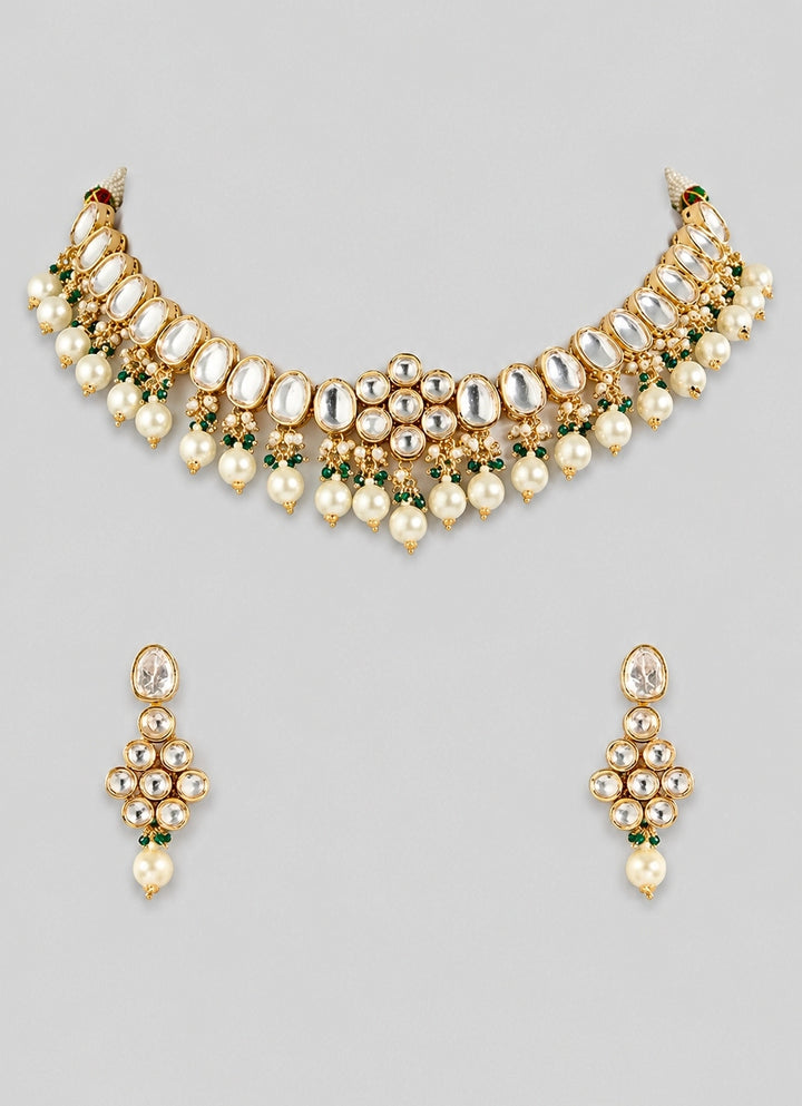 Green Stone Kundan And Pearl Necklace Set