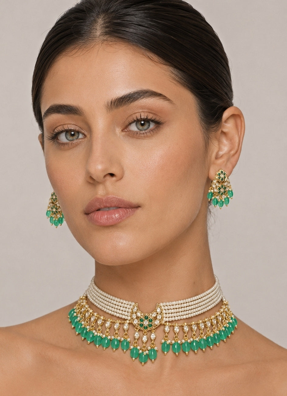 Green Pearl And Kundan Choker Set