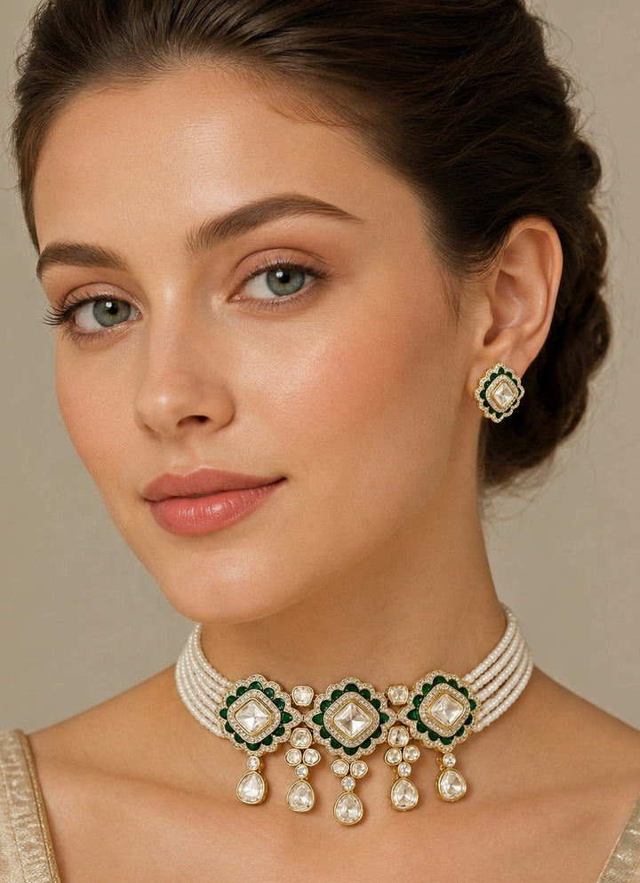 Pearl And Green Meenakari Kundan Choker Set