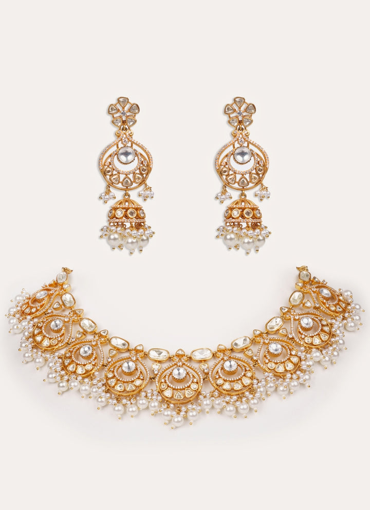 Moissanite Stone And Pearl Gold Necklace Set