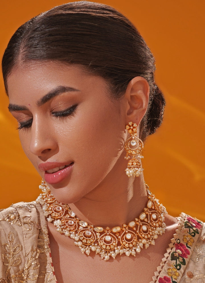 Moissanite Stone And Pearl Gold Necklace Set