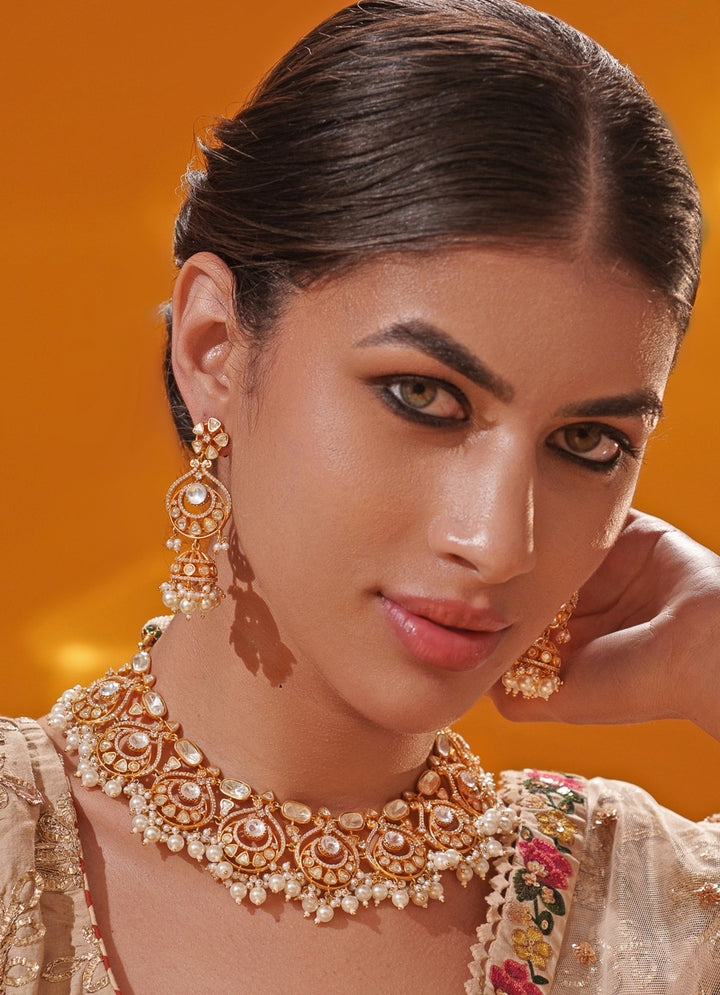 Moissanite Stone And Pearl Gold Necklace Set