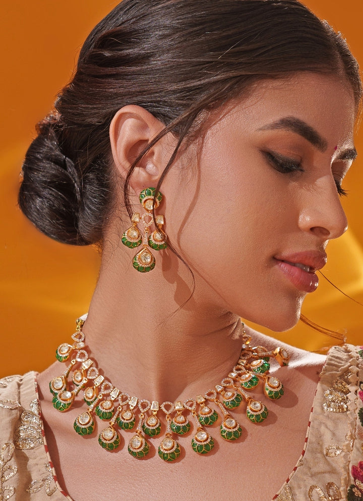 Green Moissanite Stone Gold Necklace Set