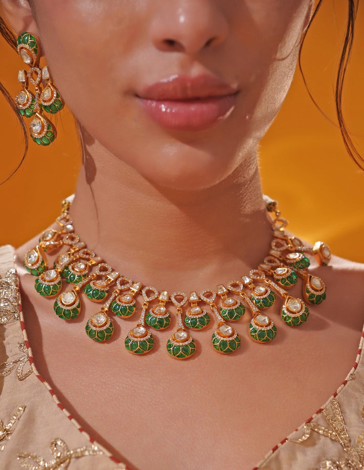 Green Moissanite Stone Gold Necklace Set