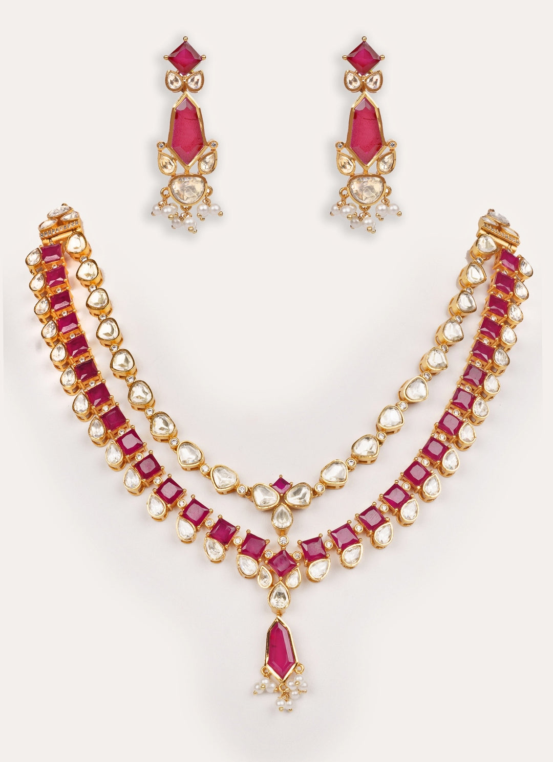 Red Moissanite Stone Gold Long Necklace Set