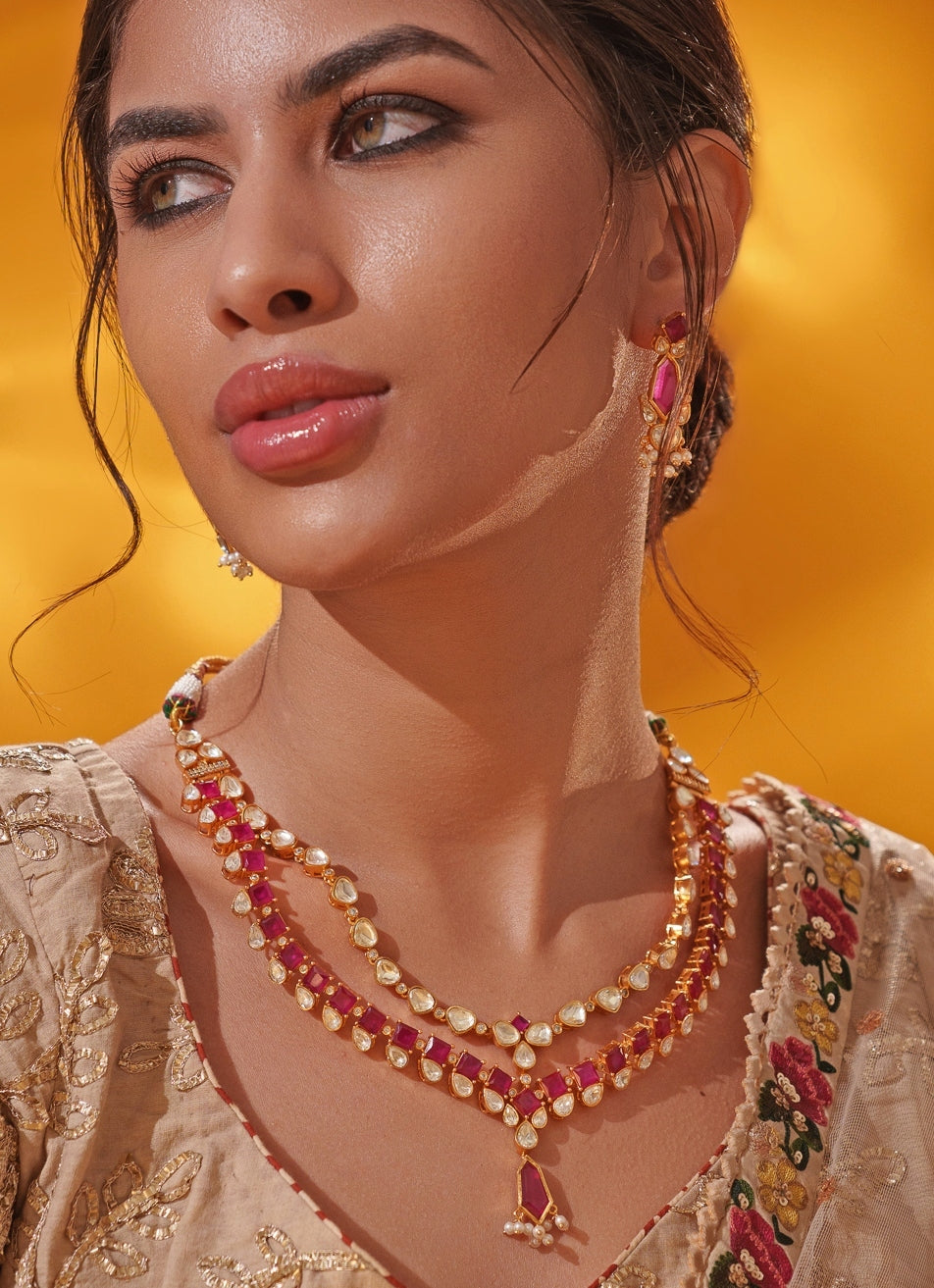 Red Moissanite Stone Gold Long Necklace Set