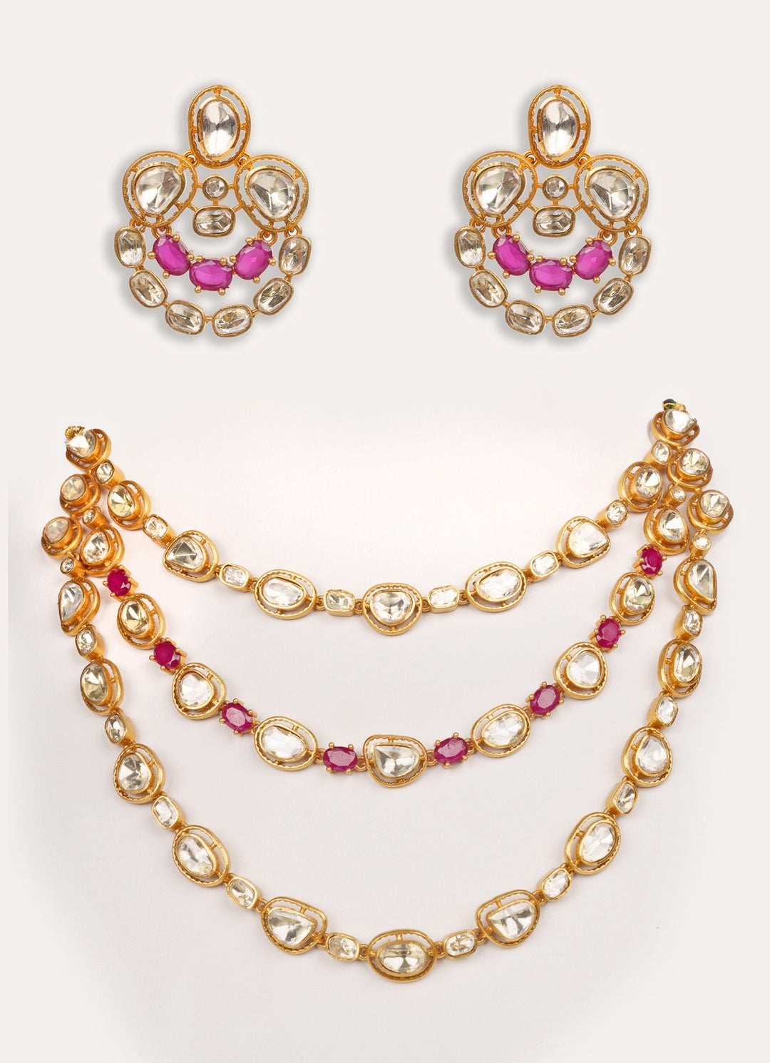 Red Moissanite Stone 3 Line Gold Long Necklace Set