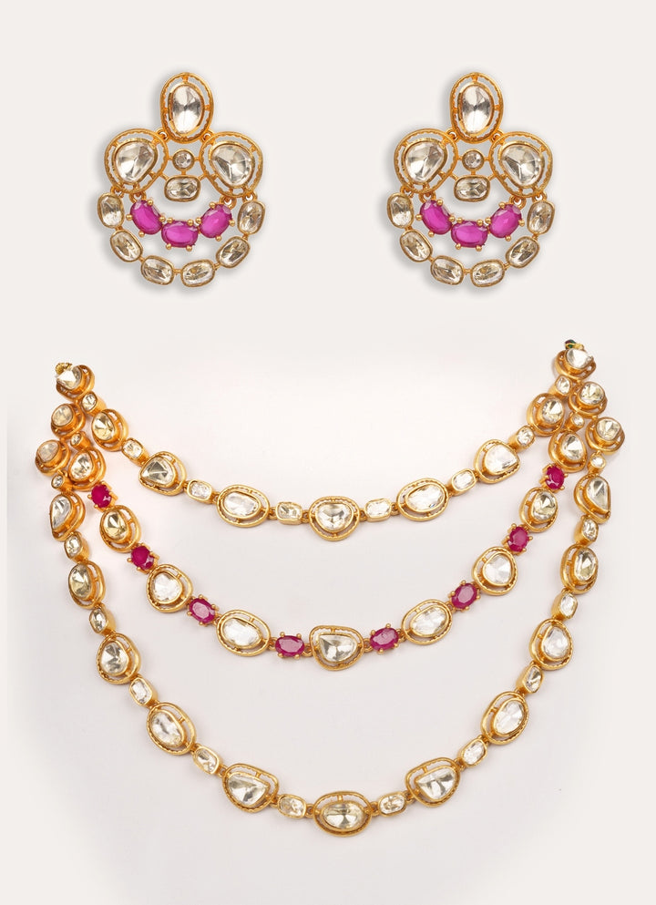 Red Moissanite Stone 3 Line Gold Long Necklace Set