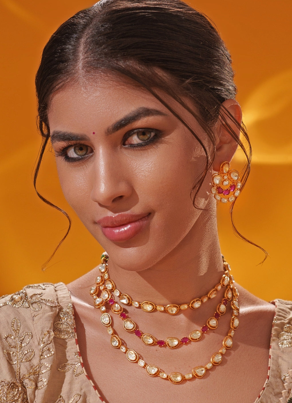 Red Moissanite Stone 3 Line Gold Long Necklace Set