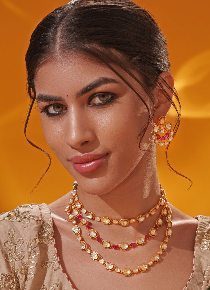 Red Moissanite Stone 3 Line Gold Long Necklace Set