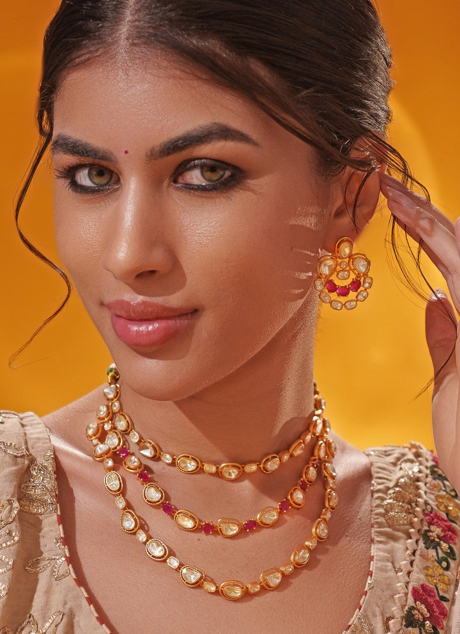 Red Moissanite Stone 3 Line Gold Long Necklace Set