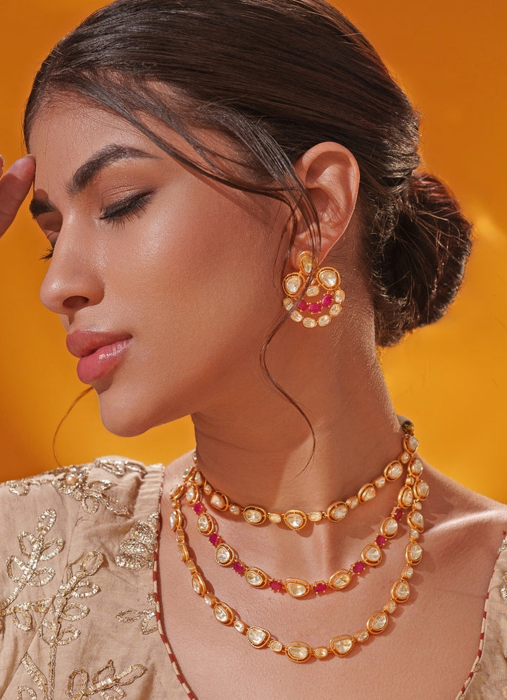 Red Moissanite Stone 3 Line Gold Long Necklace Set