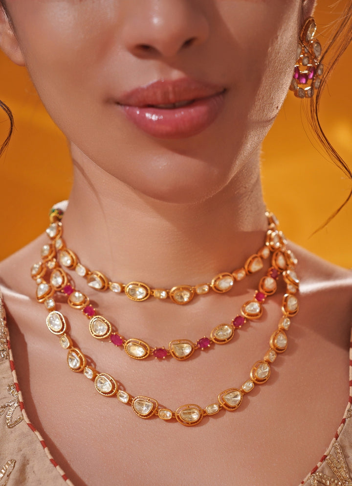 Red Moissanite Stone 3 Line Gold Long Necklace Set