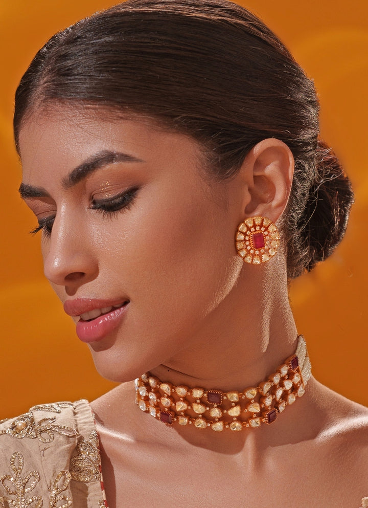 Red Moissanite Stone Gold Choker Set