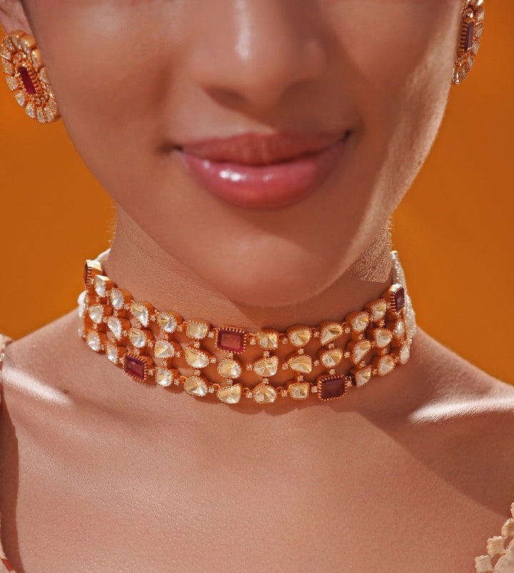 Red Moissanite Stone Gold Choker Set