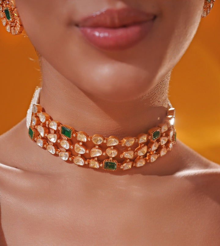 Green Moissanite Stone Gold Choker Set