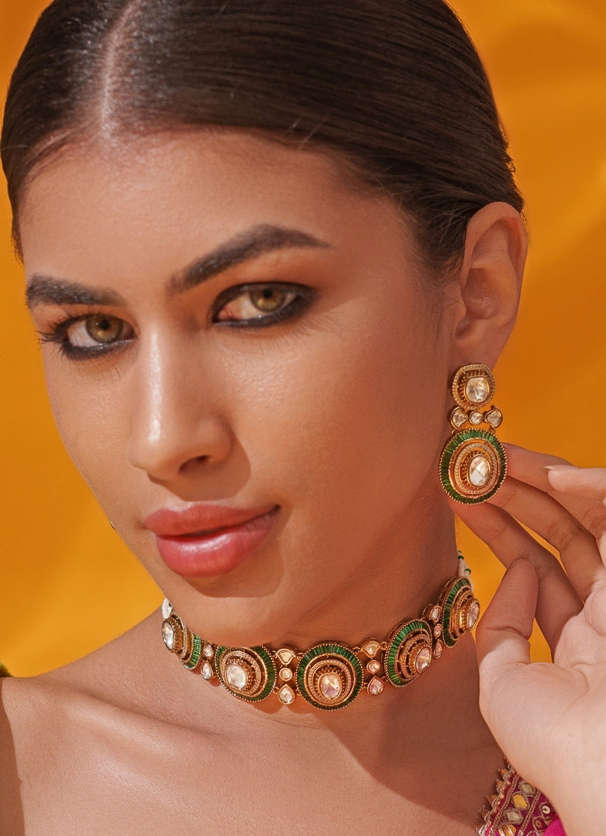 Green Moissanite Stone Gold Choker Set