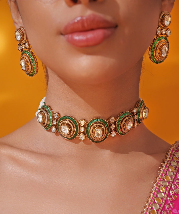 Green Moissanite Stone Gold Choker Set