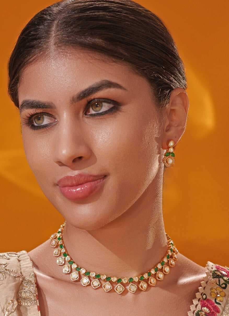 Green Moissanite Stone Gold Necklace Set