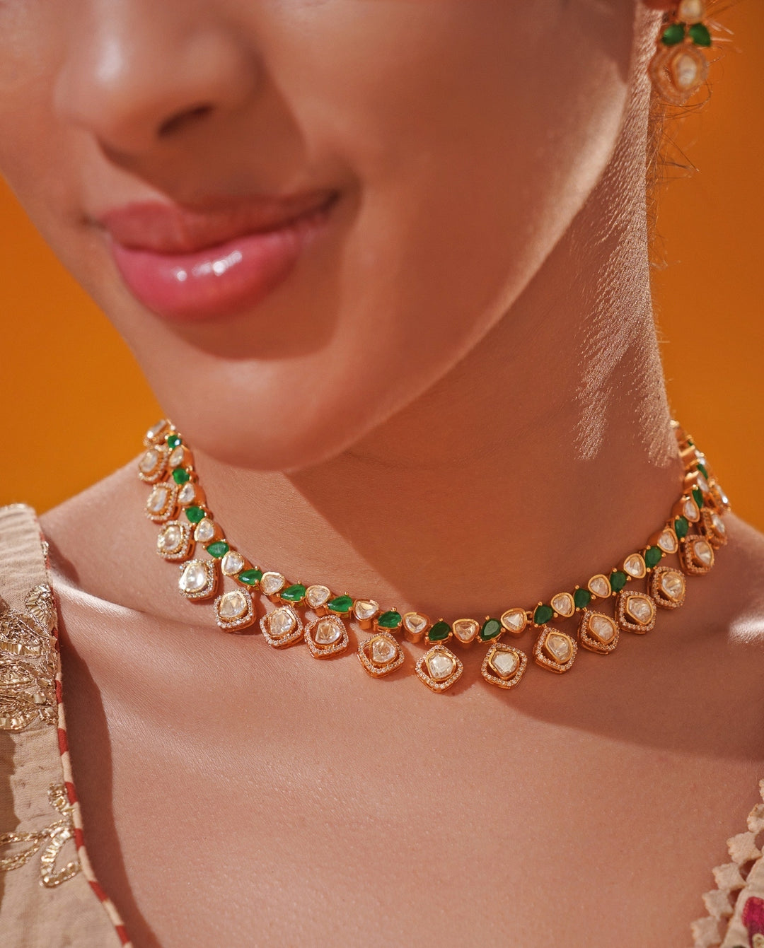 Green Moissanite Stone Gold Necklace Set