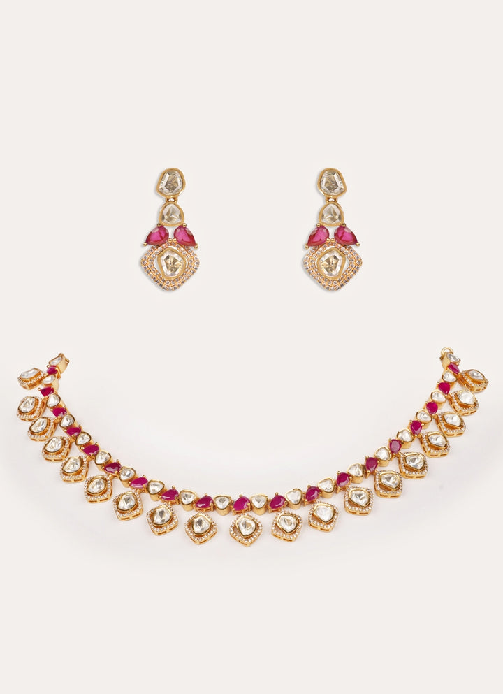 Red Moissanite Stone Gold Necklace Set