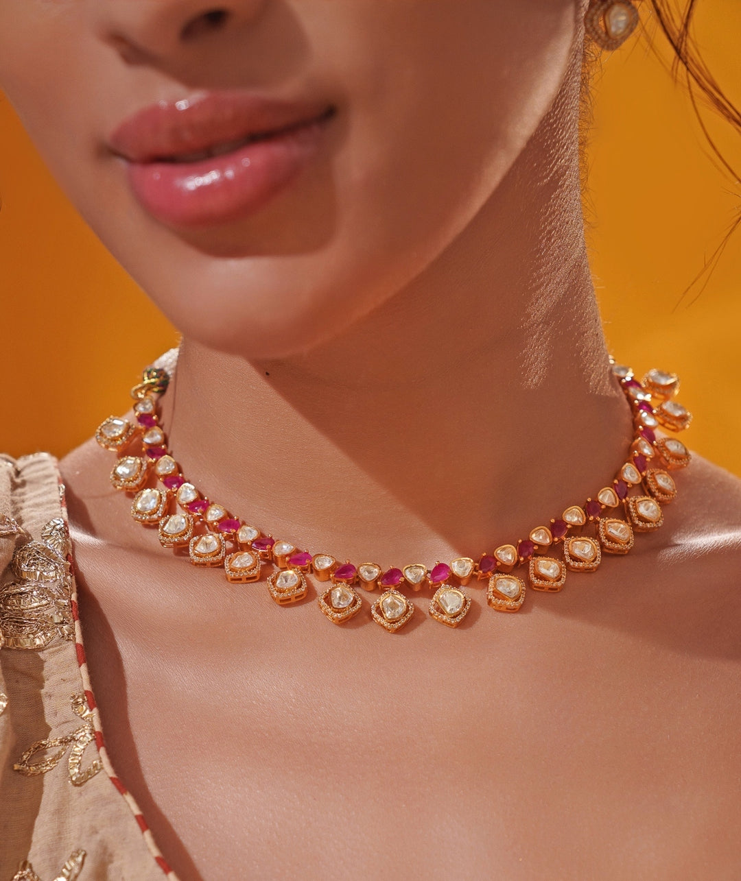 Red Moissanite Stone Gold Necklace Set