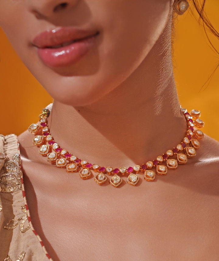 Red Moissanite Stone Gold Necklace Set