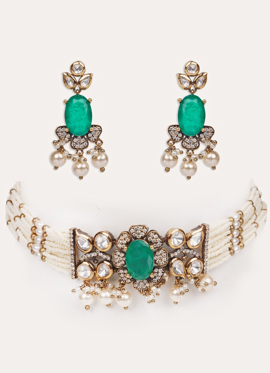 Green Polki Two Tone Pearl Choker Set
