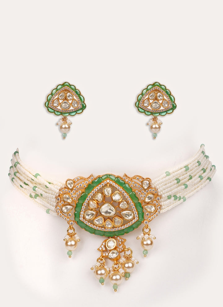 Green Moissanite Stone Gold Pearl Choker Set
