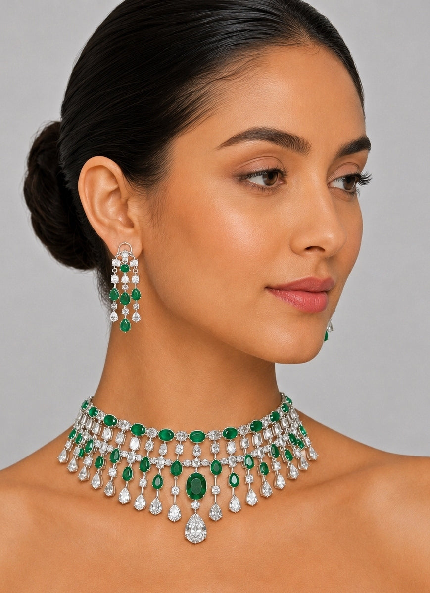 Diamond And Emerald Stone Necklace Set