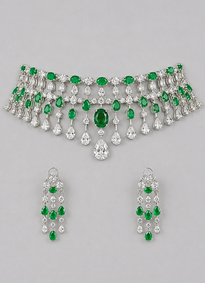 Diamond And Emerald Stone Necklace Set