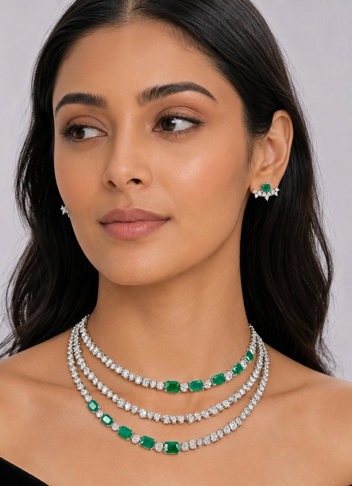 Three Layer Emerald And Diamond Necklace Set