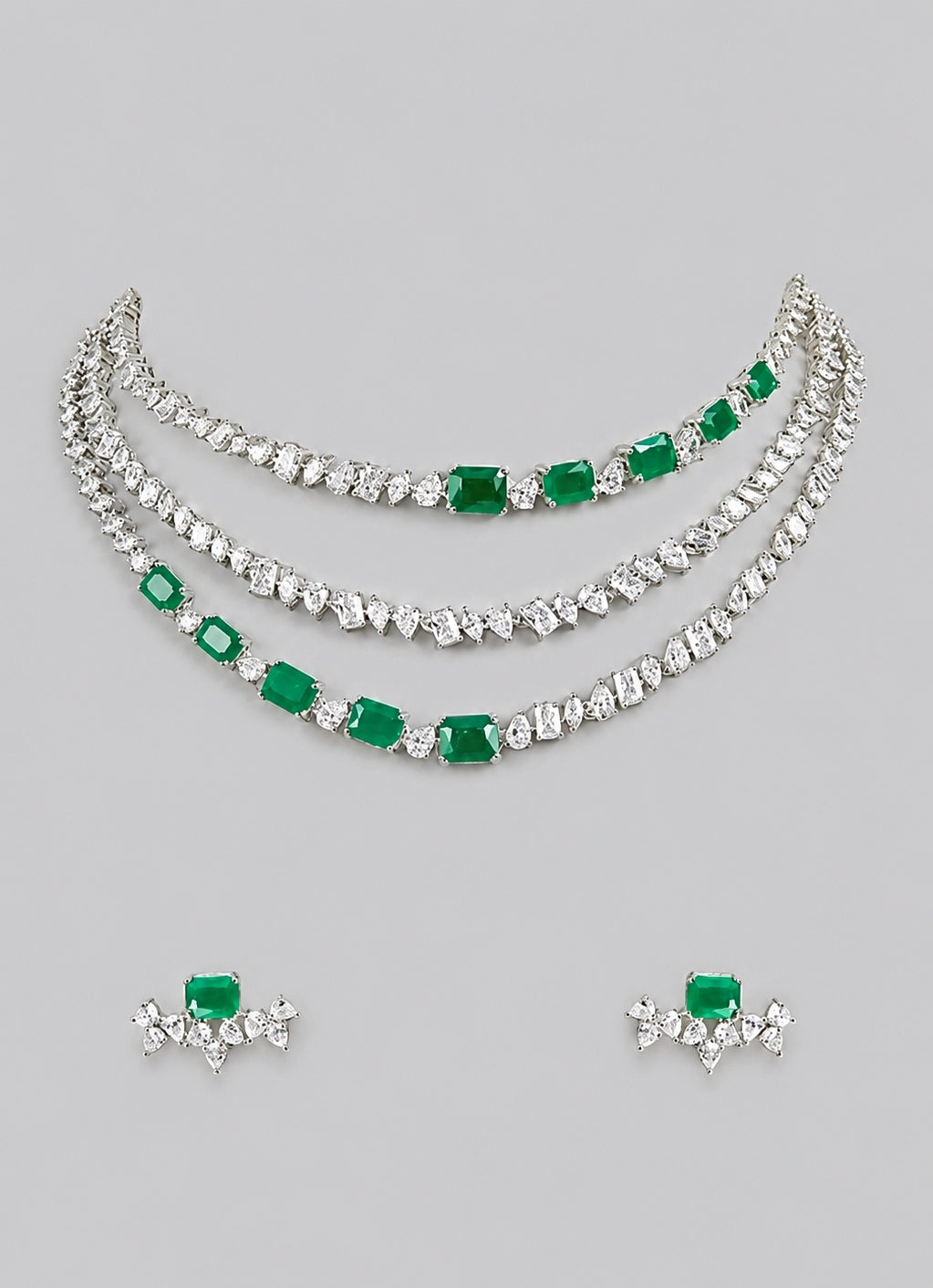 Three Layer Emerald And Diamond Necklace Set