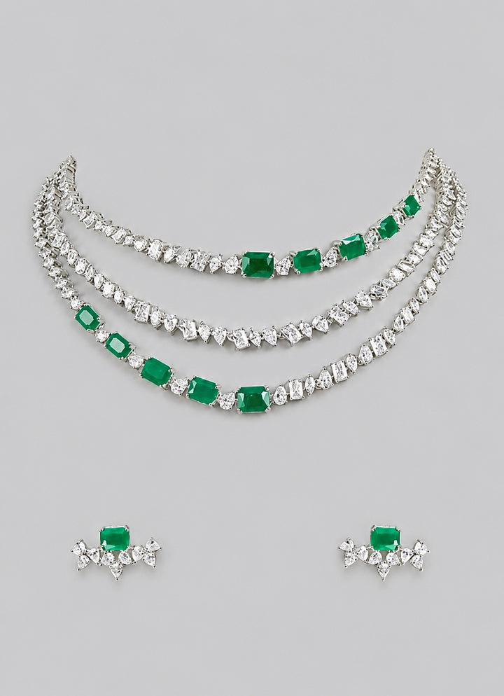 Three Layer Emerald And Diamond Necklace Set