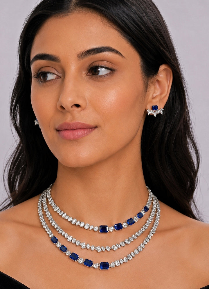 Three Layer Sapphire And Diamond Necklace Set