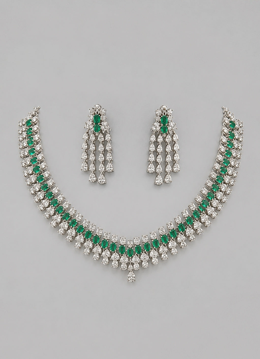 White Finish Emerald And Diamond Necklace Set