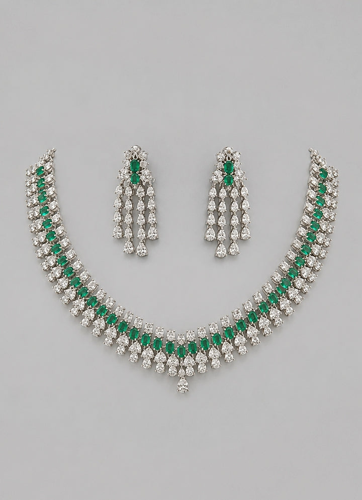 White Finish Emerald And Diamond Necklace Set