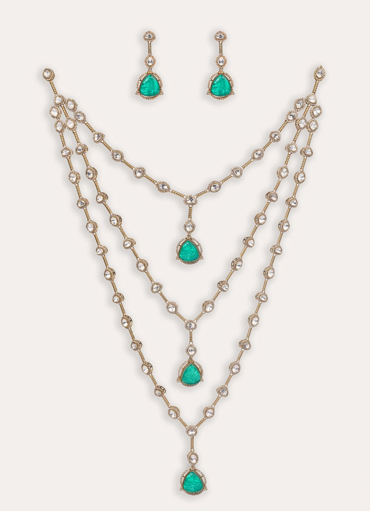 Green Polki 4 Layered Two Tone Long Necklace Set