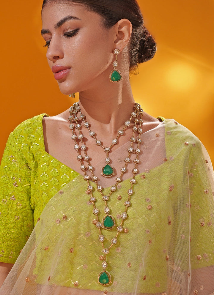 Green Polki 4 Layered Two Tone Long Necklace Set