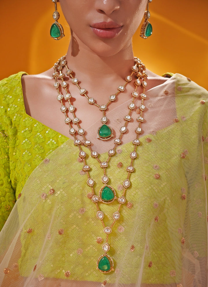 Green Polki 4 Layered Two Tone Long Necklace Set